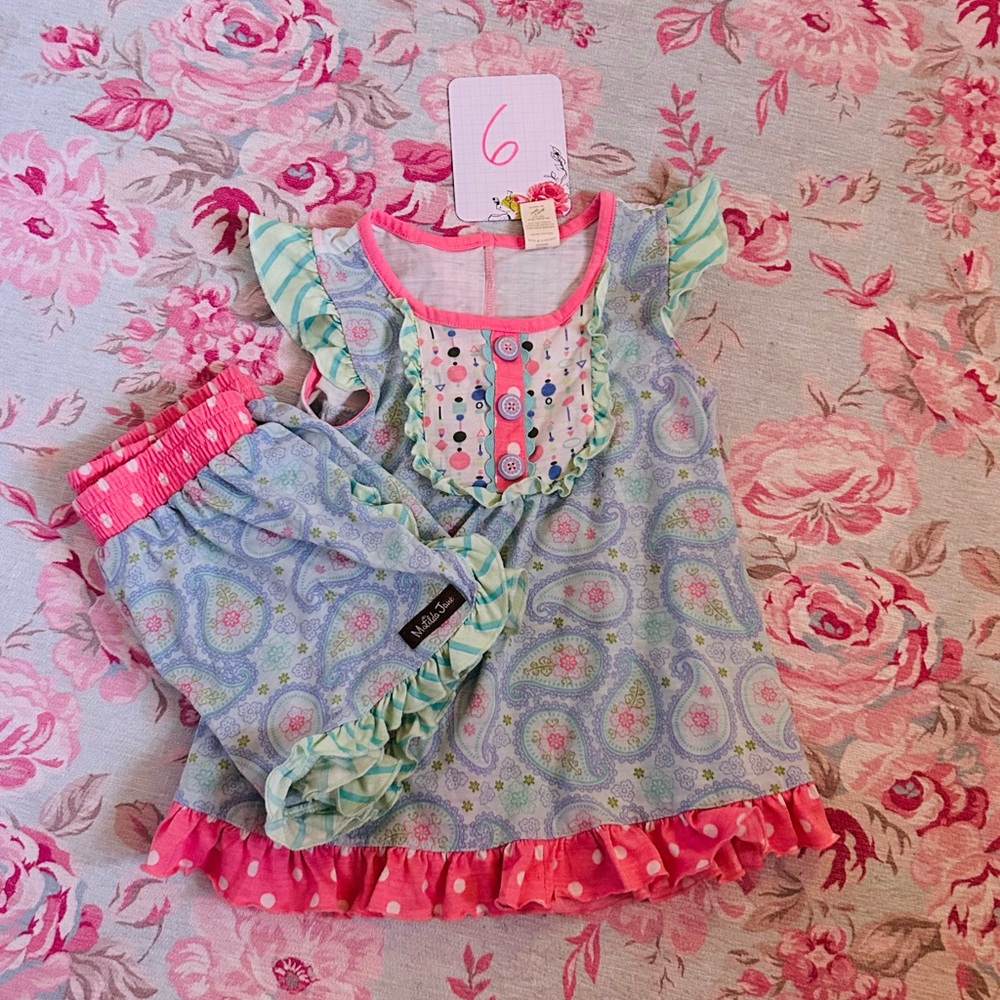 Matilda Jane Blue Paisley Pajama Set with Pink Accents